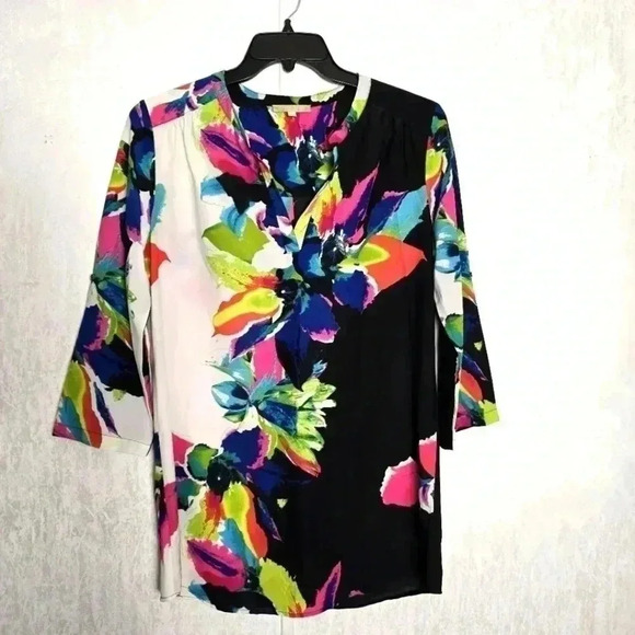Joan Vass Women's Vibrant Multicolored Floral 3/4 Sleeve VNeck Popover Top Large - Picture 1 of 7